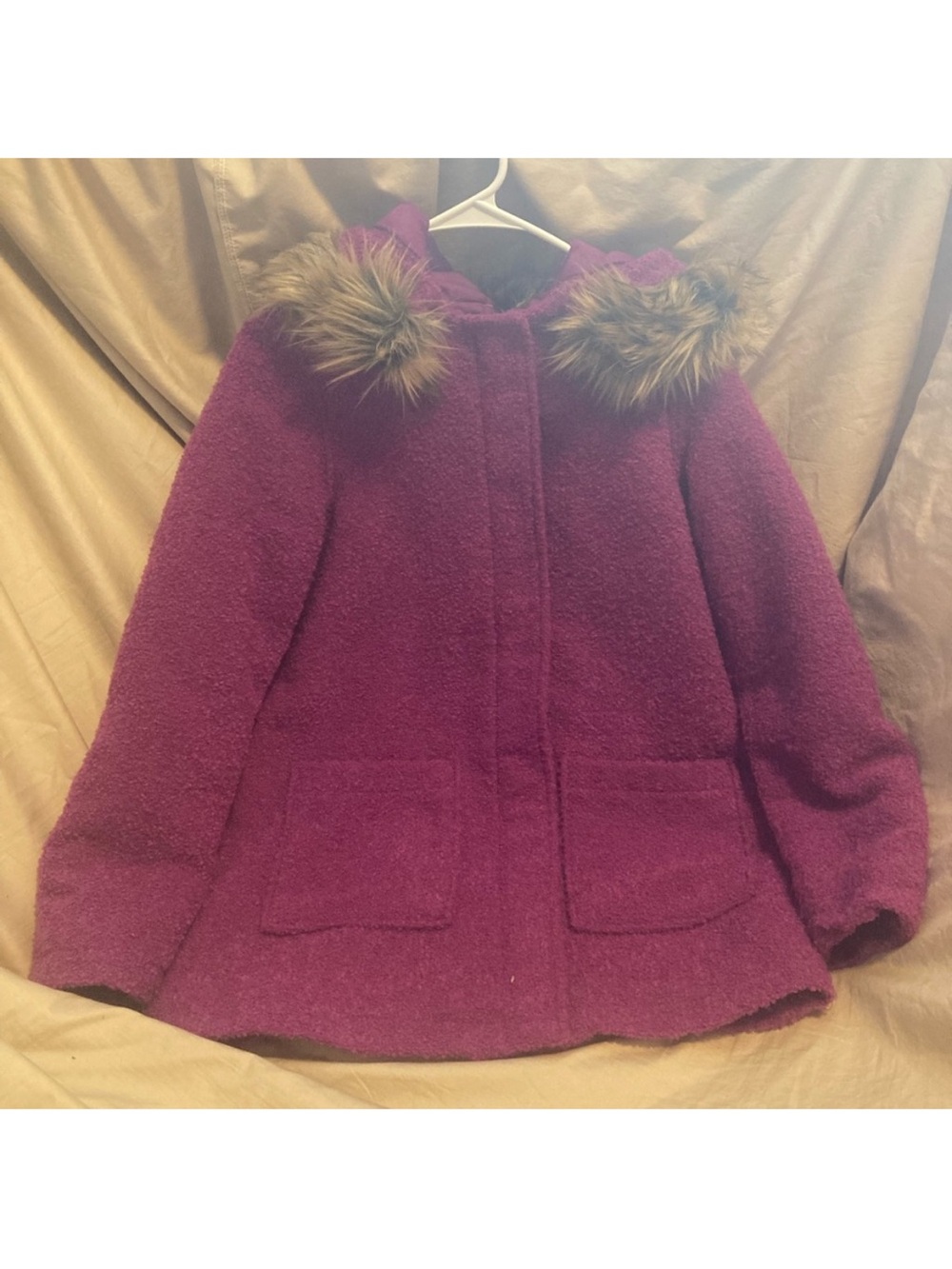 Womens Purple Hooded Bouclé Coat with Faux Fur Trim